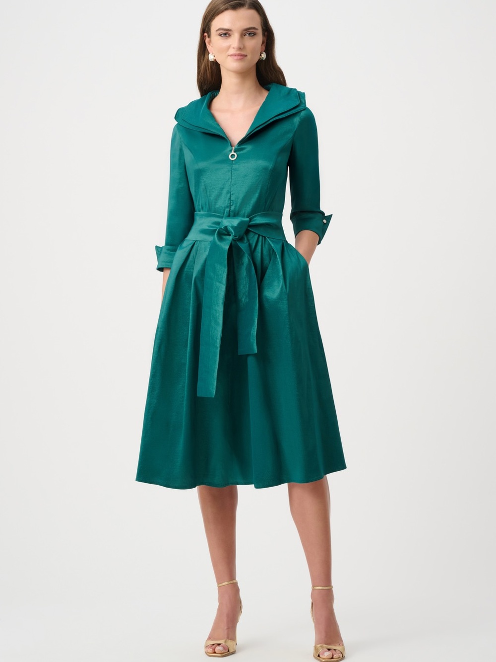 Joseph Ribkoff Teal Fit-and-Flare Midi Dress with Tie Waist